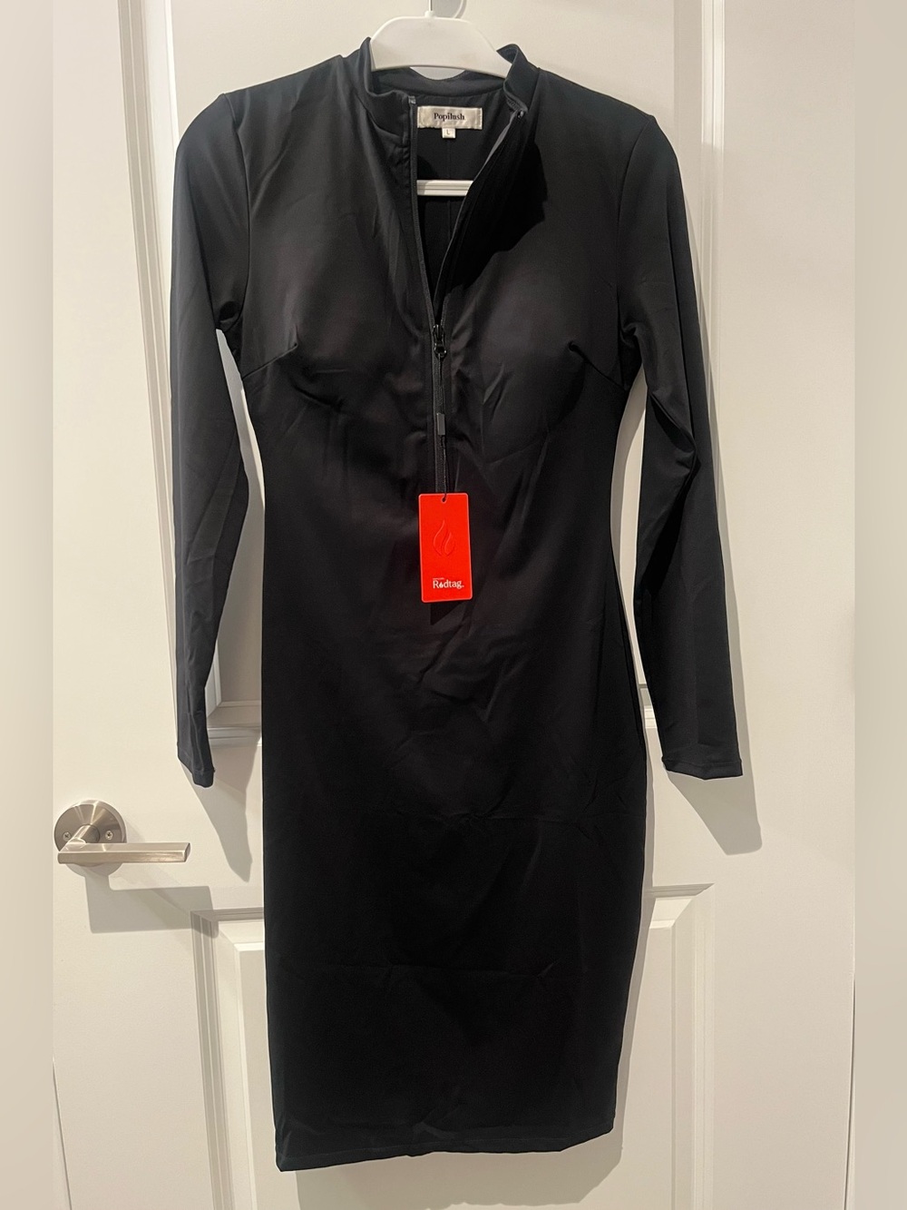 POPILUSH Black Long-Sleeve Zip-Front Midi Sheath Dress *NEW WITH TAGS*